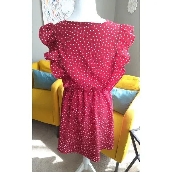 Red polka dot dress sz S pin-up flutter ruffled shoulder’s romantic v-neck chic - Picture 8 of 9